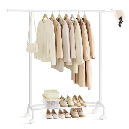 SONGMICS Kleiderständer auf Rollen, ausziehbare Kleiderstange, Garderobenständer aus Stahlrohren, erhöhte Ablagestange, 40 x (83-120) x 156 cm, wolkenweiß HSR134W01