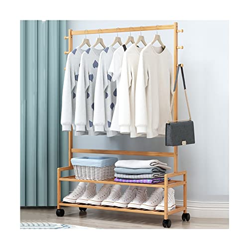 WOTZOV Kleiderständer mit Regalen, Rollbarer Kleider-Organizer aus Holz, Kleiderstangen für Schlafzimmer, robuste offene Garderobe, Garderobenständer, multifunktionaler Kleiner
