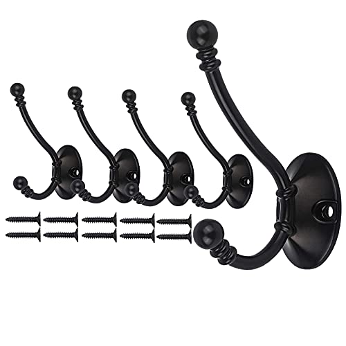 Mokife 5 Stück Wandhaken Vintage Schwarz, Kleiderhaken Doppelt Retro Groß Haken Metall Schwerlast für Tür, Wand, Holz, Garderobe