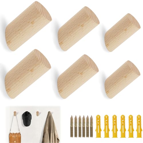 UNINGYI 6er Set Garderobenhaken Holz, Wandhaken Holz, Kleiderhaken Holz Natur, Minimalistische Mehrzweck Huthaken, Holzhaken mit Schrauben, für Mützen, Rucksack, Schals, Kleidung