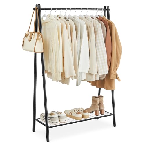 SONGMICS Kleiderständer, Garderobe, Garderobenständer, Kleiderablage, Stahlrahmen, mit Stange und Regal, 33,5 x 92,5 x 153 cm, für Schlafzimmer, Garderobe, Waschküche, Mattschwarz HSR23BK