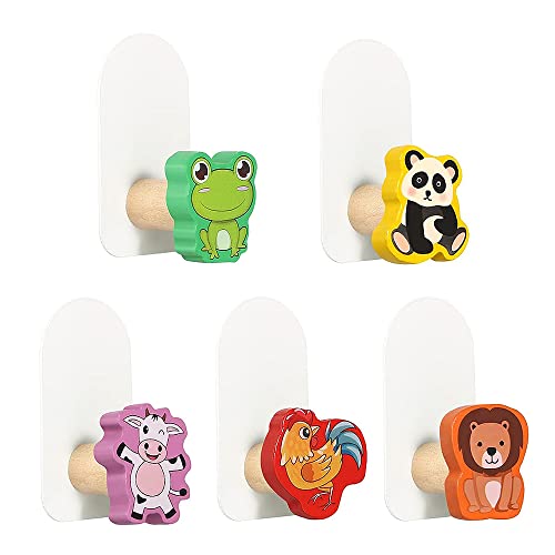 HIQE-FL 5 Stück Garderobenhaken Kinder Tiere Holz,Kindergarderobe Kinderzimmer,Kindergarderobe Haken Selbstklebend,Kinder Garderobenhaken Tiere,Garderobenhaken Kinder Holz Wandhaken