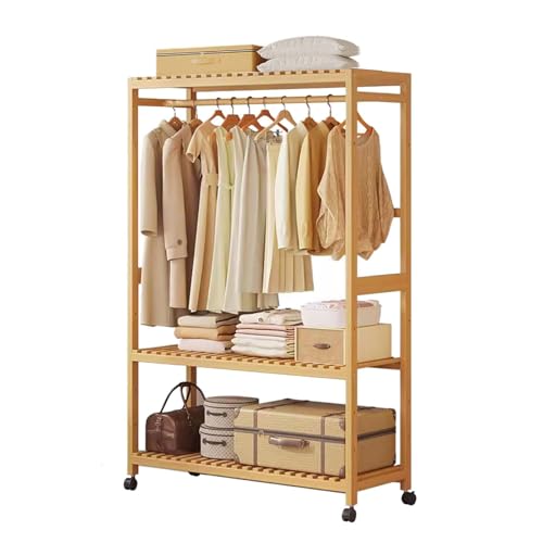 Generisch Verstellbarer Kleiderständer aus Bambus, rollbarer Kleiderständer mit Kleiderstange und offenen Regalen, freistehender Kleider-Organizer für Aufbewahrungslösungen im Schlafzimmer und Flur