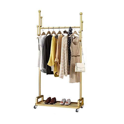 STARMS Kleiderständer Aus Metall, Rollbarer Kleiderständer, Kleiderständer, Freistehender Kleiderbügel Mit Seitlichen Haken Und Abschließbaren Rädern Zum Aufhängen Von Kleidung/Gold/100Cm