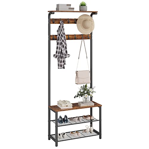 VASIHO Garderobenständer Vintage, Garderobe Industrial mit 10 abnehmbaren Haken, 3-stöckiger Kleiderständer mit Schuhregal, Sitzbank, 178 cm Hoch, Vintagebraun-Schwarz KXJ002
