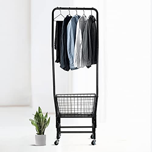 uyoyous Kleiderständer mit Rollen Metallgarderobe mit Wäschekorb Garderobenständer auf Rollen Schwerlast Kleiderständer für Schlafzimmer, Ankleidezimmer, Waschküche，Schwarz