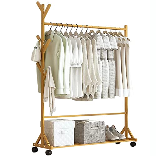 Rollbarer Bambus-Kleiderständer mit Haken und Regalen, Baumförmiger Kleiderständer für Flur und Wohnzimmer, stilvoller Kleiderschrank für Heimdekoration