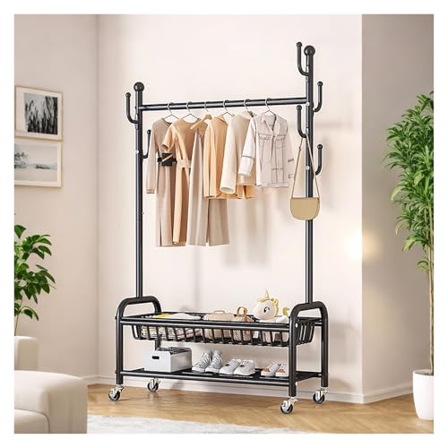 Kleiderständer, Kleiderstange Mit Rollen, Industrie Rollbarer Kleiderständer Auf Rädern Mit Bodenablagen, Für Schlafzimmer, Waschküche(Black,60x172x36cm)
