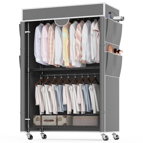 Himimi Kleiderständer mit Abdeckung Schwerlast Kleiderständer auf Rollen und Ablage Höhenverstellbar Stabil Metall Kleiderstange mit 2 Kleiderstangen und 4 Seitentaschen 90 * 45 * 205cm Grau