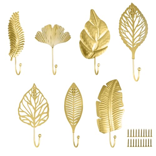 MAIJIAJU 7 Stück Garderobenhaken Gold, Blätter Kleiderhaken Wand Haken zum Bohren mit 20 Schrauben, Metall Vintage Wandhaken Garderobe Kinder Moderne Kleiderhaken für Tür, Schlafzimmer, Garderoben