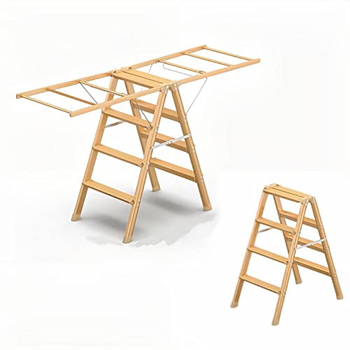 NBKLS Extendable Clothes Airer, Klappbare Trittleiter,2-in-1-Wäscheständer Und Doppelseitige Klappleiter, EIN Platzsparender Haushaltshelfer(Color:Gold)