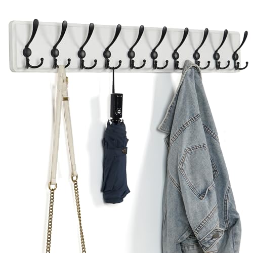 QILICZ Hakenleiste Garderobenleiste Holz, Vintage, Stabile Kleiderhaken Wand mit 10 Dreifachhaken für Kleidung, Mantel, Hüten, Jacken, Rucksack,Wandhaken Waschraum, Schlafzimmer, Küche
