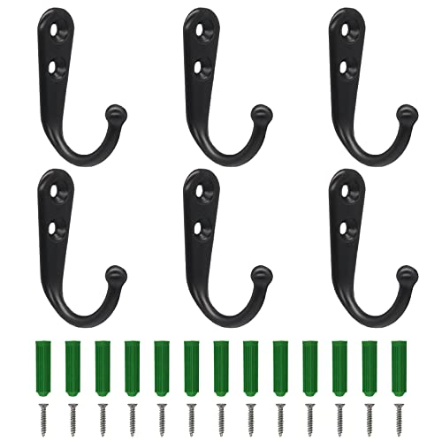 HUGSEE Kleiderhaken, 6 Stück Haken Garderobe Wandhaken Retro Haken Wand Metall Schwarz Kleiderhaken Vintage mit Schrauben für Schlafzimmer, Badezimmer, Kleiderschrank, Wohnzimmer (Schwarz)