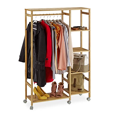 Relaxdays Rollgarderobe Bambus, mobiler Kleiderständer, 6 Ablagen, offen, Garderobenstange, HBT 136,5 x 32 x 11cm, natur