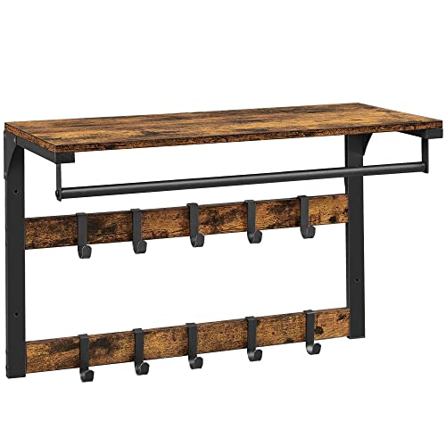 VASAGLE Wandgarderobe, mit Ablage, Wandregal mit 10 abnehmbaren Haken, Hängeregal, Wandmontage, 2 Garderobenleisten, Kleiderstange, für Flur, Schlafzimmer, Badezimmer, vintagebraun-schwarz LCR101B01