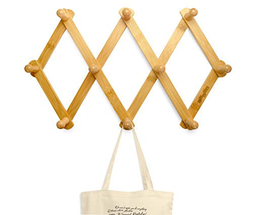 luXva® Garderobenhaken aus Bambus mit 10 Haken, faltbarer Kleiderhaken aus Holz für Jacken, Mäntel, Schals, Handtaschen, Hüte u. Mehr, Design Garderobenleiste ausziehbar, Natur