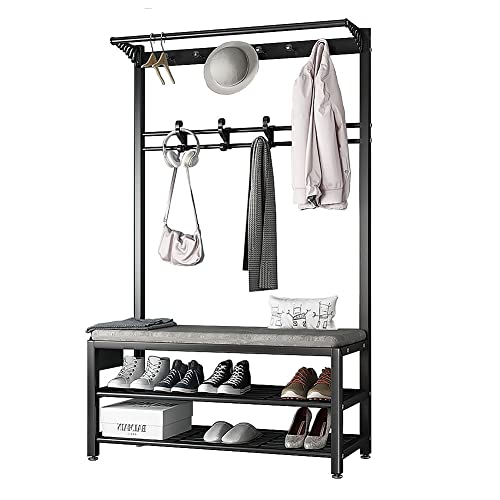 Qcesorib Garderobe mit Sitzbank, 170cm Garderobenständer, Garderobenständer mit 10 Gaderobenhaken und Schuhregal mit Sitzfläche, Flurgarderoben Set aus Metal im Industrial Design