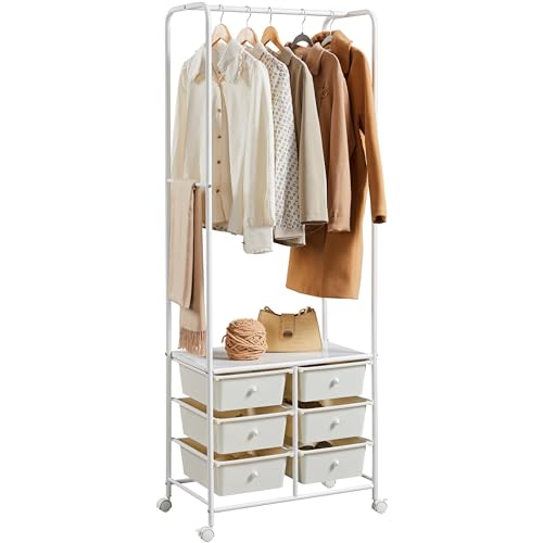 Yaheetech Kleiderständer auf Rollen Kleiderstange mit 6 Schubladen und 1 Ablage Freistehender Garderobenständer aus Metall Garderobe für Schlafzimmer/Flur/Eingang, 63,5 × 37 × 174 cm