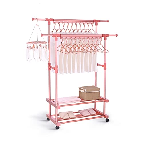 SISWIM Kleiderständer Kleidung Trocknungsregal 3-Tier Rolling Collabsible Kleidungsstück Klappbare Wäscherei Trockner Kleiderbügel Rack Rail Ständer mit Rollen Garderobenständer (Color : Roze)