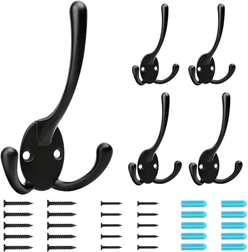 BIGLUFU 5stk Garderobenhaken Kleiderhaken Schwarz, Vintage Metall Wandhaken Haken zum Schrauben mit 20x, für Badezimmer Küche Schlafzimmer