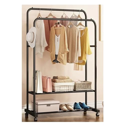 Rollbarer Kleiderständer mit 2 Ebenen, tragbarer Kleiderständer für Schlafzimmer, verstellbarer Kleiderständer, schwarzer Kleiderbügel, platzsparende Aufbewahrungslösung für Kleidung