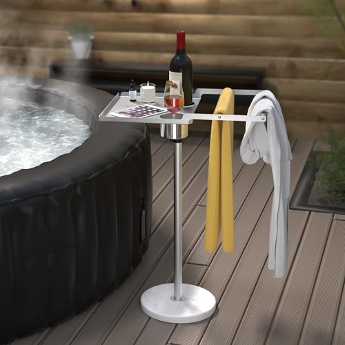 KES Handtuchhalter Outdoor für Whirlpool, Höhenverstellbar Handtuchständer Edelstahl mit 2 Getränkehaltern 360° Drehbar Pool Handtuchhalter Stehend Marmor, Passend für Spa/Pool Gebürstet, OTR201-2