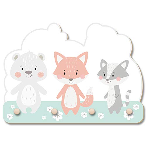Bär, Fuchs und Waschbär Wandgarderobe fürs Kinderzimmer im Norwegian Style Kinderdeko Holz MDF Made in Germany 40cm x 27cm KWG013