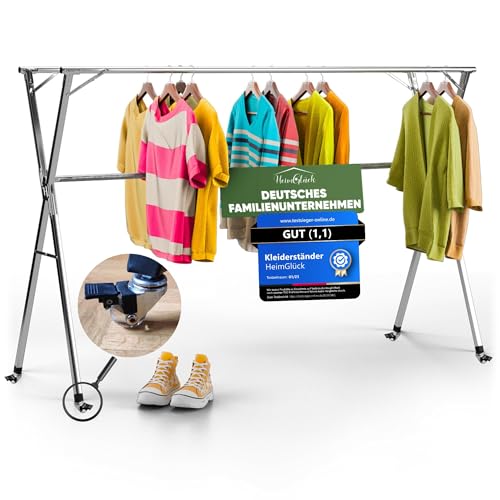 HeimGlück Kleiderständer/Wäscheständer + Tasche & Rollen Ben Silber [Ausziehbar 1.30-2.0m, klappbar, sehr Stabil Edelstahl] Jackenständer, Garderoben-Ständer, Flurgarderobe, offener Kleiderschrank
