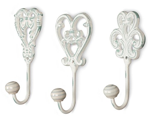 3tlg. Haken 3er Set Wandhaken weiß grau Kleiderhaken Haken Wandgarderobe Garderobenhaken Garderobe Eisen Shabby Chic Landhaus Vintage Nostalgie Antik Ornamente Barock