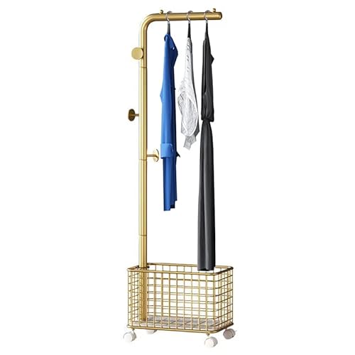 LWBLJX Kleiderständer Auf Rädern, Rollendes Kleiderregal mit 3 Seitlichen Haken und Durchbrochenen Körben, Freistehender Goldener Coat Rack, 45x32x170 cm