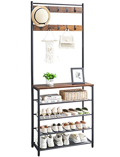 VASIHO Garderobenständer Vintage, Garderobe Industrial mit 10 abnehmbaren Haken, 5-stöckiger Kleiderständer mit Schuhregal, Sitzbank, 177 cm Hoch, Vintagebraun-Schwarz KXJ001