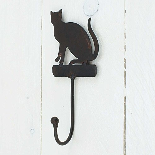 MACOSA SA77670 Wand-Haken Katze Gusseisen Landhausstil Antik Dunkelrost lackiert Nostalgischer Garderoben-Haken Kleiderhaken Handtuchhaken Wand-Deko