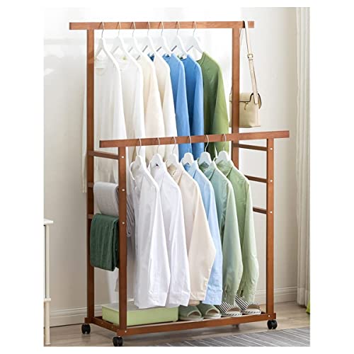 NICBEL 2-stöckiger rollbarer Kleiderständer mit Regalen Kleiderständer auf Rädern Kleiderständer aus Bambus mit doppelten Kleiderstangen und feststellbaren Rädern/Braun/80 cm Hello