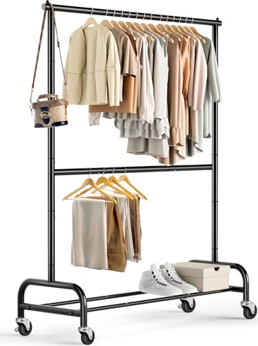 MISSLO Schwerlast Kleiderständer auf Rollen Kleiderstange Doppelt Metall für Hängende Fahrbarer Klamotten Ständer Closet Garderobe Rack, Einstellbar, Schwarz
