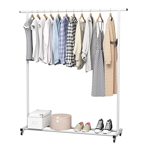 Buzoruil Kleiderständer Standard Rod Einfache Rollen Metall Kleidung Rack Kleidungsstück Rack Organizer Freistehender Aufhänger mit Rädern,Weiß