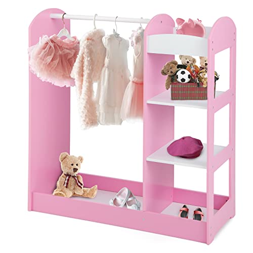 GOPLUS Kindergarderobe mit Spiegel, Kleiderständer mit 4 offenen Regalen & Kleiderstange, Garderobe aus Holz für Kinderzimmer, Schlafzimmer, Kindergarten, 93,5 x 38 x 100 cm (Rosa)