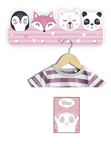 Kindsblick ® Tierträume Kindergarderobe in Rosa inkl. DIN A4 Poster - Garderobe mit 4 Kleiderhaken für Kinder - Wunderschöne Deko für jedes Kinderzimmer - Maße (38 x 14 x 1 cm)