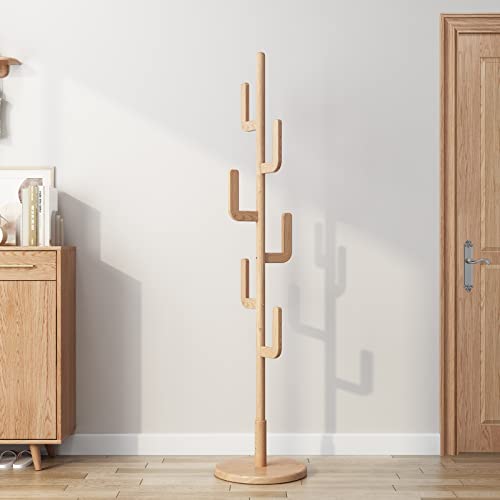 KungFuWood Garderobenständer, Kaktusförmiger Gaderobenstaender aus Holz mit 6 Haken, Stabiler und Einfache Montage Jackenständer für Wohnbereich, Flur, Schlafzimmer, Büro(Holzfarbe)