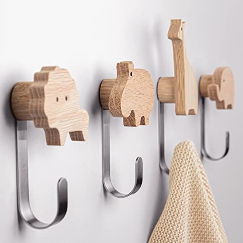 Kleiderhaken für Kinder aus Holz in Tierformen, Eiche, Wandhaken, Garderobenhaken, Garderobe, Kinderzimmer, Tiere, Löwe, Elefant, Nilpferd, Giraffe, Deko (Eiche inkl. 4 Metallhaken)