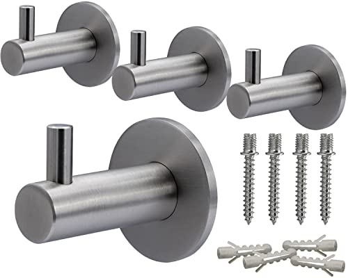 Neuhall 4 x Wandhaken Kleiderhaken Wand Handtuchhaken echt Edelstahl gebürstet nicht rostend Garderobenhaken Badezimmer Handtuchhalter für Wand-Montage inkl. Befestigungsset | Classic-rund Länge: 40mm