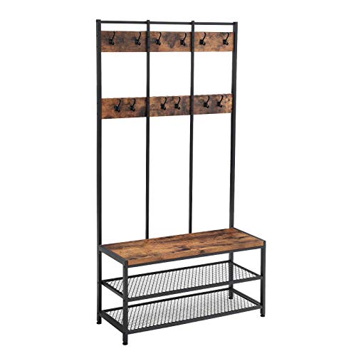 VASAGLE Großer Garderobenständer mit Sitzbank, Kleiderständer mit 12 Kleiderhaken und Schuhregal, Flurregal, Büro, Schlafzimmer, stabiles Stahlgestell, Industrie-Design, vintagebraun-schwarz HSR86BX