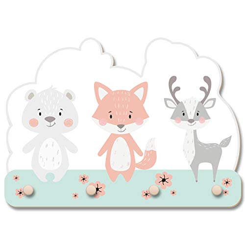 Bär, Fuchs und Rentier Wandgarderobe fürs Kinderzimmer im Norwegian Style Kinderdeko Holz MDF Made in Germany 40cm x 27cm KWG001