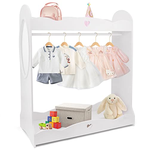 GAZHOME Kinder Kleiderständer mit Spiegel, Offener Kleiderschrank Kindergarderobe für Kinderzimmer, Kleiderstange mit Ablage für Schuhe oder Spielzeug, weiß