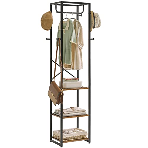 IBUYKE Garderobenständer, Kleiderständer mit 3 Ablagen und 8 Haken, Freistehende Garderobe, Industrie-Stil, für Schals, Taschen, Regenschirme und Boxen, Vintagebraun-schwarz TMJ088H