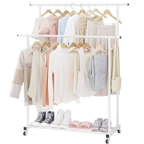 Rollbarer Kleiderständer mit Doppelstange, tragbarer Kleider-Organizer für Schlafzimmer und Wohnzimmer, robuster Kleiderständer für Geschäfte, weiß, 120 cm