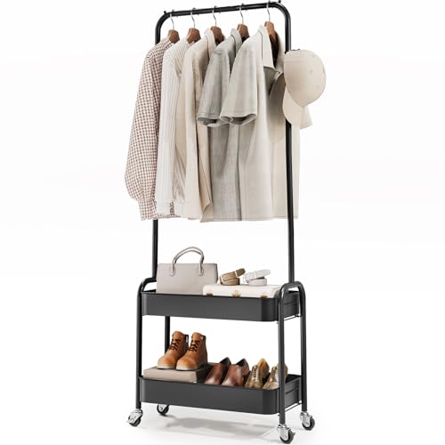 Urackify Kleiderständer aus Metall maximieren Sie Ihren Platz – einfaches Rollen, langlebiges Material, bequeme Montage und doppelte Aufbewahrungsregale Perfekt für den Heimgebrauch, kompaktes Design