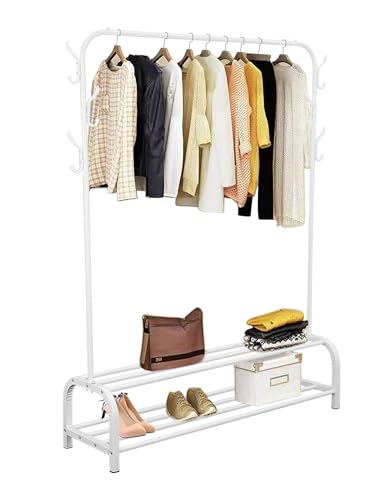Shoze Kleiderständer Freistehender Kleiderbügel Trockengestell Metall Bekleidungsschiene Schlafzimmer Kleiderstange mit unterem (Kleiderstangen mit zwei Ablagefächern, Weiß)