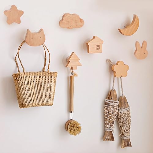 Mulaibdin 8 Stück Kleiderhaken Kinder Ohne Bohren, Garderobenhaken Kinder, Wandhaken Holz Selbstklebend, Dekorative Garderobenhaken für Kinderzimmer,Mantel, Mütze,Tasche,schlüsselanhänger