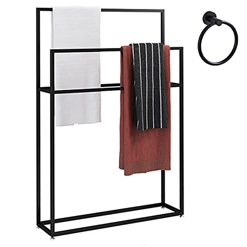 Handtuchhalter Stehend Schwarz 2 Stangen Handtüchern, Handtuchständer Freistehend Metall, Modern Handtuchstangen Auch Als Kleiderständer Einsetzbar, Plus: Edelstahl-Handtuchring, 85×20×110cm(L×W×H)