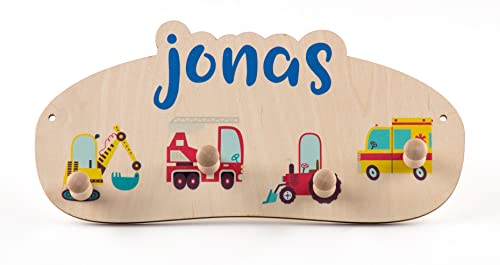 Personalisierte Kindergarderobe 'Fahrzeuge' aus Birkenholz mit vier Kleiderhaken, Garderobe für Kinder mit Wunschnamen, Motiv Bagger, Feuerwehrauto, Traktor, Krankenwagen, Maße ca. 35 x 17 cm
